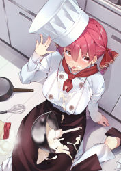 Rule 34 | 1girl, :p, absurdres, accident, apron, arm up, blush, breasts, brown apron, brown footwear, chef hat, commentary request, cream, cream on face, eyes visible through hair, food, food on clothes, food on face, from above, frying pan, hair between eyes, hair ribbon, hand on headwear, hat, heterochromia, highres, hololive, houshou marine, indoors, jacket, kitchen, koubou (cowbow kun), large breasts, long hair, long sleeves, mixing bowl, pants, red eyes, red hair, red ribbon, ribbon, sitting, solo, suggestive fluid, tongue, tongue out, twintails, virtual youtuber, waist apron, whisk, white hat, white jacket, white pants, yellow eyes