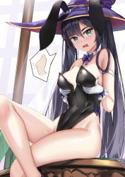 Rule 34 | 1girl, absurdres, animal ears, black hair, black leotard, breast hold, breasts, covered navel, detached collar, fake animal ears, genshin impact, gloves, green eyes, hat, hat ornament, highleg, highleg leotard, highres, crossed legs, leotard, long hair, looking at viewer, medium breasts, mona (genshin impact), open mouth, playboy bunny, rabbit ears, sitting, skai kun, solo, thighs, twintails, white gloves, witch hat