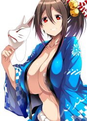 Rule 34 | 1girl, bell, blue kimono, breasts, brown hair, character request, cleavage, collarbone, commentary request, copyright request, fox mask, grin, hair bell, hair between eyes, hair ornament, highres, holding, holding mask, huge breasts, japanese clothes, kimono, long hair, looking at viewer, mask, navel, open clothes, open kimono, print legwear, red eyes, sidelocks, simple background, smile, solo, standing, stomach, tsukasawa takamatsu, white background