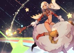 Rule 34 | 1girl, altera (fate), altera the santa (fate), bare shoulders, breasts, choker, collarbone, dark-skinned female, dark skin, detached sleeves, earmuffs, fate/grand order, fate (series), full-body tattoo, highres, holding, holding weapon, legs, looking at viewer, midriff, mittens, navel, photon ray (fate), rainbow, red eyes, red footwear, revealing clothes, riding, sanshouuo, sheep, short hair, small breasts, solo, star (sky), tattoo, thighs, weapon, white hair
