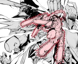 Rule 34 | blood, chainsaw, chainsaw devil, chainsaw man, character request, commentary request, extra arms, highres, long tongue, male focus, monochrome, monster, multiple boys, nomomono eraser, open mouth, sharp teeth, simple background, spikes, teeth, tongue, veins, weapon