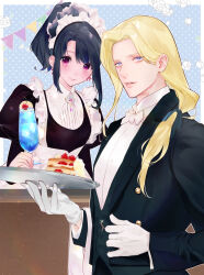 Rule 34 | 1boy, 1girl, andy bogard, black coat, black hair, blonde hair, blue eyes, bow, bowtie, butler, cake, cake slice, closed mouth, coat, cup, food, frills, gloves, holding, holding cup, holding plate, long hair, long sleeves, looking at viewer, maid, maid headdress, mitsumine yukari, mmts g, open mouth, plate, ponytail, puffy sleeves, purple hair, shirt, smile, the king of fighters, the king of fighters for girls, white bow, white bowtie, white gloves, white headdress, white shirt