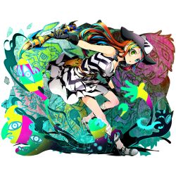 Rule 34 | 10s, 1girl, blue eyes, divine gate, dress, full body, gloves, green eyes, heterochromia, looking at viewer, multicolored hair, official art, open mouth, orange hair, pablo (divine gate), paintbrush, short dress, sleeveless, sleeveless dress, solo, streaked hair, striped clothes, striped dress, transparent background, ucmm