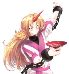 Rule 34 | 1girl, alcohol, blonde hair, chain, cuffs, horns, hoshiguma yuugi, in container, oni, pointy ears, red eyes, sake, single horn, smile, solo, star (symbol), sunnysideup, touhou