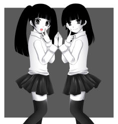 Rule 34 | 2girls, black hair, black skirt, breast press, colored skin, grey background, greyscale, hand to own mouth, long hair, long sleeves, looking at viewer, md5 mismatch, monochrome, monoe, monoko, multiple girls, open mouth, pow (ameri), school uniform, shirt, skirt, smile, spot color, symmetrical hand pose, symmetry, thighhighs, twintails, white skin, yume nikki, zettai ryouiki