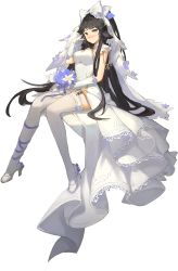 Rule 34 | 1girl, azur lane, black hair, blush, bouquet, bow, closed mouth, detached collar, dress, flower, full body, garter straps, gloves, hair bow, hair flaps, high heels, highres, long dress, long hair, looking at viewer, nose blush, panties, ponytail, shoes, sitting, solo, takao (azur lane), thighhighs, transparent background, underwear, veil, very long hair, wedding dress, white background, white bow, white footwear, white gloves, white panties, white thighhighs, xiaohan6th, yellow eyes