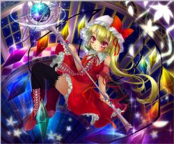 Rule 34 | 1girl, adapted costume, black thighhighs, blonde hair, blue nails, boots, brooch, cross-laced footwear, detached sleeves, fingernails, flandre scarlet, flower, flying, hat, hat ribbon, jewelry, kakiikada, light smile, lips, looking at viewer, mob cap, nail polish, reclining, red eyes, ribbon, sharp fingernails, short hair, side ponytail, solo, sparkle, staff, thighhighs, touhou, window, wings