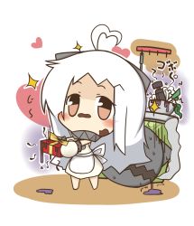 Rule 34 | 10s, 1girl, abyssal ship, ahoge, apron, bad food, blush, box, brown eyes, carrying, chibi, chocolate, dress, food, food on face, gift, gift box, gloom (expression), holding, horns, kantai collection, long hair, looking at viewer, mittens, northern ocean princess, ooyama bokuchi, orange eyes, pale skin, sparkle, sweat, valentine, white dress, white hair