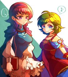 Rule 34 | 2girls, artist request, bare shoulders, blue eyes, blush, book, breasts, cape, cosplay, costume switch, dress, fire emblem, fire emblem: the blazing blade, fire emblem: the sacred stones, fire emblem heroes, green hair, hairband, jewelry, long hair, lute (fire emblem), multiple girls, nino (fire emblem), nintendo, purple eyes, purple hair, short hair, skirt, smile, twintails