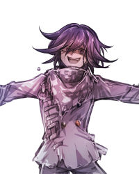 Rule 34 | 1boy, :d, checkered clothes, checkered scarf, commentary, cowboy shot, danganronpa (series), danganronpa v3: killing harmony, english commentary, grey background, grey jacket, grey pants, jacket, long sleeves, open mouth, oma kokichi, pants, pink eyes, pink hair, riyuta, scarf, simple background, smile, solo, sweat, tears, teeth, upper teeth only