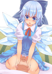 Rule 34 | 1boy, 1girl, bad id, bad pixiv id, blue eyes, blue hair, blush, bow, cirno, demekyon, hair bow, open mouth, panties, short hair, sitting, sitting on face, sitting on person, touhou, underwear, white panties, wings