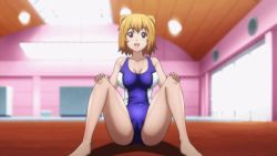 Rule 34 | 1girl, animated, animated gif, bare shoulders, barefoot, blush, body blush, breasts, brown hair, cameltoe, cleft of venus, collarbone, competition swimsuit, exercising, female focus, floor, hair between eyes, hair ornament, hands on own knees, indoors, kushiya inaho, large breasts, legs, looking at viewer, maken-ki!, on floor, one-piece swimsuit, open mouth, red eyes, shadow, short hair, sitting, smile, solo, spread legs, swimsuit, takami akio, thighs, wet