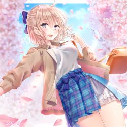 Rule 34 | 1girl, ahoge, beige jacket, blonde hair, blue bow, blue skirt, bow, breasts, cherry blossoms, commentary request, day, fate/grand order, fate (series), hair bow, hakuda tofu, highres, large breasts, long sleeves, looking at viewer, okita souji (fate), okita souji (koha-ace), orange bag, outdoors, shirt, short hair, skirt, smile, solo, teeth, translation request, upper teeth only, white shirt