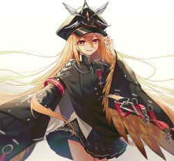 Rule 34 | 1girl, aiguillette, black cloak, black hat, black nails, blonde hair, blurry, character request, cloak, clothes lift, cowboy shot, cross print, depth of field, feathered wings, flat chest, floating hair, forever 7th capital, hair between eyes, hand on headwear, hand up, hat, highres, light particles, long hair, long sleeves, medal, miniskirt, myung yi, nail polish, peaked cap, pleated skirt, print skirt, shirt, skirt, skirt lift, smile, very long hair, white shirt, wide sleeves, winged arms, winged hat, wings, yellow wings