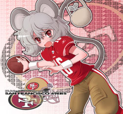 Rule 34 | 1girl, :o, american football, american football (object), animal ears, ball, basket, blush, clothes writing, commentary request, cosplay, crossover, double vertical stripe, dutch angle, female focus, flat chest, fujii, fujii jun, grey hair, hair between eyes, helmet, holding, jersey, joe montana, joe montana (cosplay), knee pads, logo, looking at viewer, mouse (animal), mouse ears, mouse tail, national football league, nazrin, open mouth, pants, red eyes, reebok, san francisco 49ers, shirt, shoulder pads, solo, sportswear, standing, striped, tail, touhou, transparent, uniform, wristband