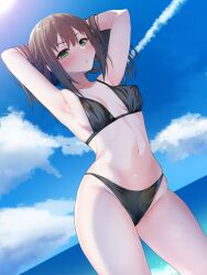 Rule 34 | 1girl, alternate costume, armpits, arms up, bikini, black bikini, blue sky, blush, breasts, breasts apart, brown hair, cloud, commentary request, covered erect nipples, dutch angle, green eyes, halterneck, hands in hair, highres, idolmaster, idolmaster cinderella girls, linea alba, looking at viewer, medium breasts, navel, okuri banto, outdoors, partial commentary, shibuya rin, sideboob, skindentation, sky, solo, stomach, string bikini, swimsuit