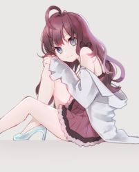 Rule 34 | 1girl, ahoge, bad id, bad twitter id, bare legs, bare shoulders, blue eyes, bow, brown hair, commentary, dress, glass slipper, high heels, ichinose shiki, idolmaster, idolmaster cinderella girls, lab coat, long hair, looking at viewer, off shoulder, simple background, sitting, solo, uso (ameuzaki), wavy hair, white background
