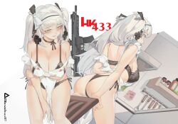 Rule 34 | 1girl, apron, aqua eyes, artist name, assault rifle, blush, bow, bra, breasts, carbine, cleavage, girls&#039; frontline, gun, h&amp;k hk433, hair bow, highres, hk433 (girls&#039; frontline), hk433 (sweetheart&#039;s family kitchen) (girls&#039; frontline), large breasts, lingerie, long hair, multiple views, panties, parted lips, rifle, rosetta(obsidian117), side-tie panties, twintails, underwear, weapon, white apron, white hair