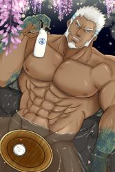 Rule 34 | 1boy, abs, aegir (housamo), aqua hair, bara, beard, blue eyes, bottle, cherry blossoms, completely nude, convenient censoring, dark-skinned male, dark skin, facial hair, fingernails, fins, head tilt, highres, holding, holding bottle, inari konko (inari sushi3), large pectorals, looking at viewer, male focus, mature male, milk, multicolored hair, muscular, muscular male, navel, nipples, nude, onsen, partially submerged, pectorals, sharp fingernails, short hair, smirk, smug, solo, stomach, streaked hair, tokyo houkago summoners, white hair