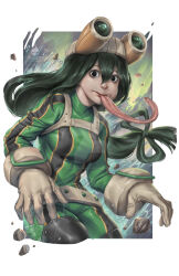 Rule 34 | 1girl, artist name, asui tsuyu, black eyes, bodysuit, boku no hero academia, christianmiel21, gloves, green hair, highres, long hair, long tongue, looking at viewer, realistic, rock, saliva, solo, tongue, tongue out, water, wet, wet clothes, white gloves