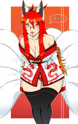 Rule 34 | 1girl, animal ears, breasts, glasses, highres, horns, japanese clothes, kimono, multiple tails, nnecgrau, orange eyes, red hair, scar, simple background, single horn, solo, speech bubble, tail, thighhighs