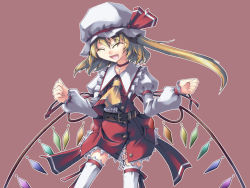 Rule 34 | 1girl, :d, ^ ^, akakage red, belt, choker, closed eyes, cross, cross necklace, fang, female focus, flandre scarlet, hat, hat ribbon, jewelry, mob cap, necklace, open mouth, red (artist), ribbon, short hair with long locks, side ponytail, smile, solo, thighhighs, touhou, wings