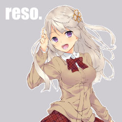 Rule 34 | 1girl, absurdres, artist name, bad id, bad pixiv id, bow, bowtie, brown sweater, cardigan, dress shirt, eyes visible through hair, grey background, hair ornament, highres, light brown hair, long hair, long sleeves, looking at viewer, maechuu, open mouth, original, plaid, plaid bow, plaid bowtie, plaid neckwear, plaid skirt, pleated skirt, purple eyes, red bow, red bowtie, red skirt, school uniform, shirt, simple background, skirt, solo, standing, sweater, upper body, white shirt