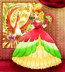 Rule 34 | 1girl, bell line gown, bird, blonde hair, breasts, chikorita85, choker, cleavage, creatures (company), curly hair, dress, drill hair, hand fan, full body, game freak, gen 2 pokemon, gown, hat, highres, ho-oh, holding, legendary pokemon, lipstick, makeup, medium breasts, nintendo, personification, pokemon, pokemon (creature), princess, puffy sleeves, red eyes