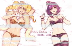 Rule 34 | 2girls, arm behind head, bad id, bad pixiv id, black nails, blackberry cookie, blonde hair, blunt bangs, breasts, brown eyes, cheesecake, cheesecake cookie, choker, cookie run, drill hair, english text, feather boa, fishnet legwear, fishnets, food, food on head, jewelry, large breasts, letter, lingerie, long hair, love letter, mole, mole under eye, multiple girls, nail polish, necklace, object on head, ori (duck 3122), panties, pearl necklace, purple eyes, purple hair, purple panties, short hair, simple background, smile, striped clothes, striped legwear, striped thighhighs, swept bangs, thighhighs, twin drills, underwear, wrist cuffs, yellow nails