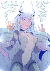 Rule 34 | 10s, 1girl, absurdres, bad id, bad pixiv id, blue eyes, blue hair, bodysuit, boku no hero academia, breasts, covered navel, drill hair, energy, gloves, hadou nejire, hair horns, hands up, highres, long hair, looking at viewer, lsf (805661342), medium breasts, skin tight, smile, solo, standing, superhero costume, very long hair, white background, yellow gloves