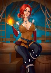 Rule 34 | 1girl, breasts, brown eyes, cleavage, fire, freckles, hair bun, jewelry, large breasts, lips, looking at viewer, necklace, pyrokinesis, red hair, sienna, single hair bun, smile, the witcher (series), the witcher 3, triss merigold, witch