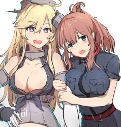 Rule 34 | 10s, 2girls, alternate costume, arm grab, arm hug, bare shoulders, belt, black dress, blonde hair, blue eyes, blush, breast pocket, breasts, brown eyes, brown hair, cleavage cutout, clothing cutout, detached sleeves, dress, female focus, hair between eyes, hair ornament, hand on own hip, hug, iowa (kancolle), kantai collection, large breasts, long hair, looking at viewer, military, military uniform, multiple girls, navel cutout, necktie, open mouth, pocket, remodel (kantai collection), round teeth, saratoga (kancolle), short sleeves, side ponytail, skirt, skirt set, smile, star-shaped pupils, star (symbol), symbol-shaped pupils, teeth, uniform, upper body, xiujia yihuizi, yuri