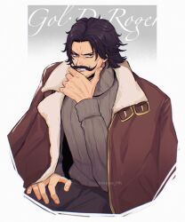 Rule 34 | 1boy, black eyes, black hair, brown coat, character name, coat, coat on shoulders, facial hair, gol d. roger, grey sweater, grin, hand on own chin, hand on own thigh, lapels, male focus, mustache, notched lapels, one piece, short hair, smile, solo, sweater, turtleneck, turtleneck sweater, two-sided coat, two-sided fabric, upper body, vamos mk, white background