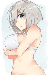 Rule 34 | 10s, 1girl, blue eyes, bra, breast lift, breasts, from side, gloves, hair ornament, hair over one eye, hairclip, hamakaze (kancolle), kantai collection, large breasts, looking at viewer, minari (haib), silver hair, solo, strap gap, underwear, white bra, white gloves