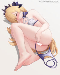 Rule 34 | 1girl, ass, ayaya (ayaya ri), bare arms, barefoot, bikini, black nails, blonde hair, blush, breasts, censored, closed eyes, feet, fischl (ein immernachtstraum) (genshin impact), fischl (genshin impact), genshin impact, heart, heart censor, highres, legs, long hair, looking at viewer, lying, nail polish, on side, open mouth, panties, panty pull, simple background, small breasts, soles, solo, swimsuit, tearing up, tiara, toenail polish, toenails, toes, underwear, untied bikini, very long hair
