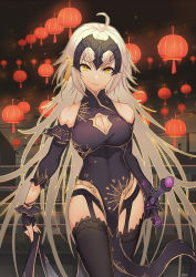 Rule 34 | 1girl, alternate costume, breasts, china dress, chinese clothes, closed mouth, commentary request, cowboy shot, detached sleeves, dress, fate/grand order, fate (series), fingerless gloves, gloves, headpiece, jeanne d&#039;arc (fate), jeanne d&#039;arc alter (avenger) (fate), jeanne d&#039;arc alter (fate), lantern, large breasts, long hair, solo, sword, thighhighs, tsurime, urban, weapon, weyas kayur, yellow eyes