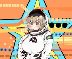 Rule 34 | 1girl, @ @, armband, astronaut, black hair, blonde hair, blush, breasts, character name, copyright request, helmet, highres, kinjo no hito no nakimushi, large breasts, long hair, looking at viewer, multicolored background, multicolored hair, no mouth, ochiai (kinjo no hito no nakimushi), orange background, reference request, shirt, solo, space helmet, spacesuit, star (symbol), two-tone hair, zyugoya