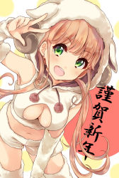 Rule 34 | 1girl, animal hood, arm warmers, boots, brown hair, cleavage cutout, clothing cutout, earrings, fur boots, green eyes, happy new year, hood, jewelry, kanzume shima, looking at viewer, midriff, new year, open mouth, original, pom pom (clothes), sheep hood, shorts, solo, w