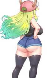 1girl absurdres ass baseball_cap black_shirt black_thighhighs blouse breasts denim denim_shorts dragon_girl dragon_horns from_behind gradient_hair green_hair hand_on_own_hip hat highres horns huge_ass kobayashi-san_chi_no_maidragon large_breasts lucoa_(maidragon) multicolored_hair sagging_breasts shirt shorts solo thighhighs triagorodri wedgie white_background