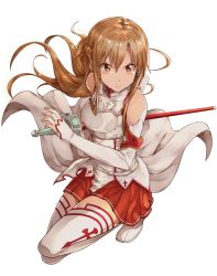 Rule 34 | &gt;:(, 1girl, armor, asuna (sao), boots, braid, breastplate, brown eyes, brown hair, closed mouth, commentary request, detached sleeves, fighting stance, floating hair, french braid, frown, full body, long hair, long sleeves, looking away, looking to the side, on one knee, pleated skirt, rapier, red skirt, serious, sheath, sheathed, sidelocks, simple background, skirt, sleeveless, sleeves past wrists, solo, sword, sword art online, takahan, thigh boots, thighhighs, uniform, unsheathing, v-shaped eyebrows, weapon, white background, white footwear, zettai ryouiki