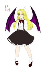 Rule 34 | 1girl, absurdres, arms behind back, bat wings, black skirt, blonde hair, bow, bowtie, brown bow, brown bowtie, brown footwear, center frills, closed mouth, commentary request, derivative work, eyelashes, frilled skirt, frills, full body, hair ribbon, happy, highres, korean commentary, kurumi (touhou), kuya (hey36253625), long hair, long sleeves, looking at viewer, lotus land story, mary janes, ribbon, shirt, shoes, simple background, skirt, smile, standing, suspender skirt, suspenders, touhou, touhou (pc-98), translation request, white background, white legwear, white ribbon, white shirt, wings, yellow eyes