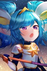 Rule 34 | 1girl, :o, ahoge, armor, blue gloves, blue hair, fang, fur, gloves, gradient background, hair intakes, highres, holding, holding weapon, league of legends, pointy ears, poppy (league of legends), purple eyes, shrimp cake, skin fang, solo, star (symbol), star guardian (league of legends), star guardian poppy, twintails, weapon