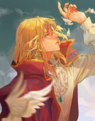 Rule 34 | 1boy, bird, blonde hair, blurry, blurry background, blurry foreground, chinese commentary, cloud, cloudy sky, coat, coat on shoulders, commentary request, earrings, green eyes, hand up, highres, howl (howl no ugoku shiro), howl no ugoku shiro, jewelry, long hair, long sleeves, male focus, mmmilk, outdoors, red coat, shirt, sky, upper body, white bird, white shirt
