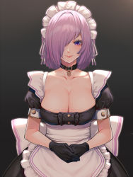 Rule 34 | 1girl, alternate costume, apron, black dress, blush, breasts, cleavage, dress, enmaided, fate/grand order, fate (series), frilled dress, frills, hair over one eye, highres, large breasts, light purple hair, looking at viewer, maid, maid headdress, mash kyrielight, mikan (chipstar182), purple eyes, short hair, smile, waist apron, white apron