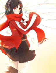 Rule 34 | 1girl, black hair, cable, enpera, floating scarf, fringe trim, hair ornament, hairclip, headphones, highres, jacket, k623, kagerou project, long hair, long scarf, oversized clothes, red eyes, red scarf, scarf, school uniform, sleeves past wrists, solo, tateyama ayano, track jacket