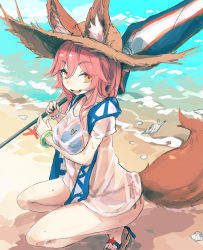 Rule 34 | 1girl, animal ears, bad id, bad tumblr id, beach, bee (deadflow), bikini, blouse, blue bikini, bracelet, breasts, day, ears through headwear, fang, fate/grand order, fate (series), fox ears, fox print, fox tail, hair between eyes, hair flaps, hat, holding, holding umbrella, jewelry, long hair, looking at viewer, medium breasts, open mouth, orange eyes, pink hair, sandals, seashell, see-through, shell, shirt, smile, solo, squatting, straw hat, swimsuit, t-shirt, tail, tamamo (fate), tamamo no mae (fate/extra), tamamo no mae (swimsuit lancer) (fate), tamamo no mae (swimsuit lancer) (second ascension) (fate), umbrella, wet, wet clothes, wet shirt, white shirt