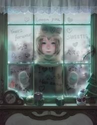 Rule 34 | 1girl, blonde hair, blue eyes, blush, christmas, clock, english text, gift, glass writing, hat, heart, highres, lif (lif &amp; ref), lips, looking at viewer, mittens, original, short hair, smile, solo, sparkle, window