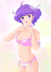 Rule 34 | 1girl, armband, artist request, blush, bra, breasts, choker, cleavage, collarbone, creamy mami, green background, heart, heart hands, highres, looking at viewer, mahou no tenshi creamy mami, matching hair/eyes, medium breasts, morisawa yuu, multicolored background, navel, open mouth, panties, pink background, pink bra, pink panties, purple eyes, purple hair, short hair, side-tie panties, standing, teeth, underwear, yellow background