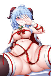 Rule 34 | absurdres, ahoge, bell, black thighhighs, blue hair, blush, bow, breasts, capelet, christmas, convenient censoring, covering own eyes, crotch, embarrassed, ganyu (genshin impact), genshin impact, highres, horns, jc shikikan, long hair, looking at viewer, medium breasts, neck bell, purple eyes, red capelet, ribbon, sidelocks, sitting, solo, thighhighs, white background