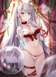 Rule 34 | 1girl, absurdres, bare shoulders, bell, blouse, blush, bra, breasts, buri (retty9349), choker, christmas, collarbone, fake antlers, frilled bra, frills, grey hair, hair down, highres, huge filesize, idolmaster, idolmaster shiny colors, leg ribbon, light particles, lingerie, long hair, looking at viewer, medium breasts, navel, off shoulder, open clothes, open shirt, panties, playing with own hair, purple eyes, red bra, ribbon, shirt, sidelocks, snow globe, snowflakes, solo, stomach, thigh ribbon, thighs, twintails, underwear, white panties, white shirt, yukoku kiriko